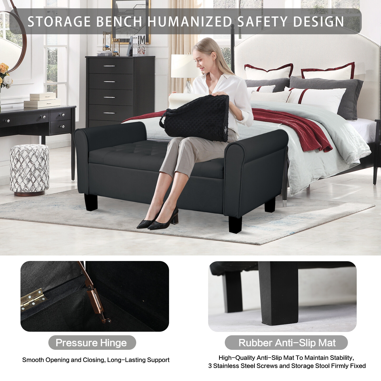 51" Velvet Storage Bench with Ottoman End of Bed Upholstered Couch Black