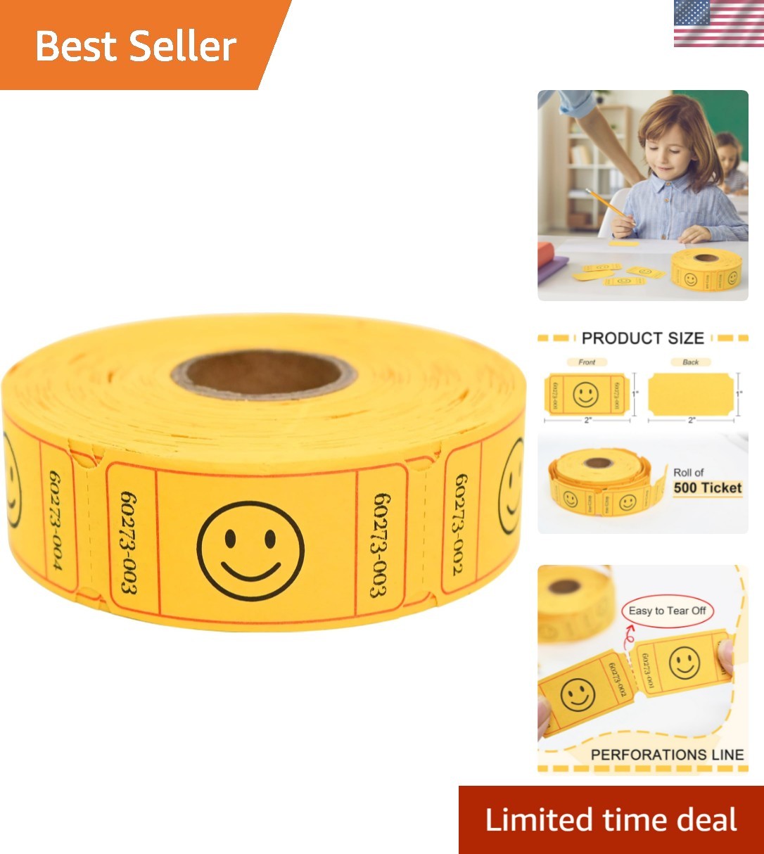 500 Raffle Tickets, Smile,Yellow6 Color Selection, Single Roll, Ticket for Ev...
