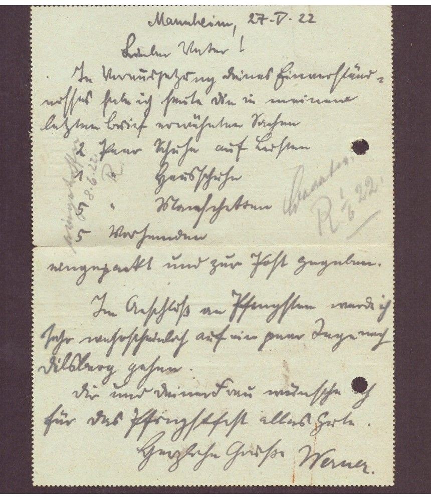 Postcard - MF / Germania " 40 " - Mannheim to Neustrelitz - 1922