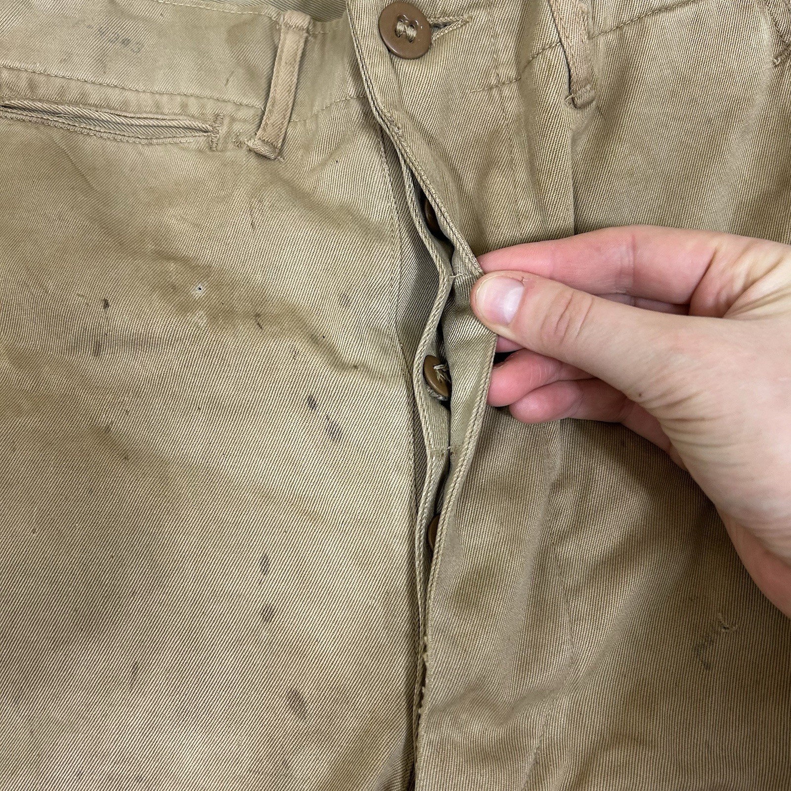 Vintage 1940s WW2 US Army Khaki Chino Cotton Uniform Pant 28x31 Button fly