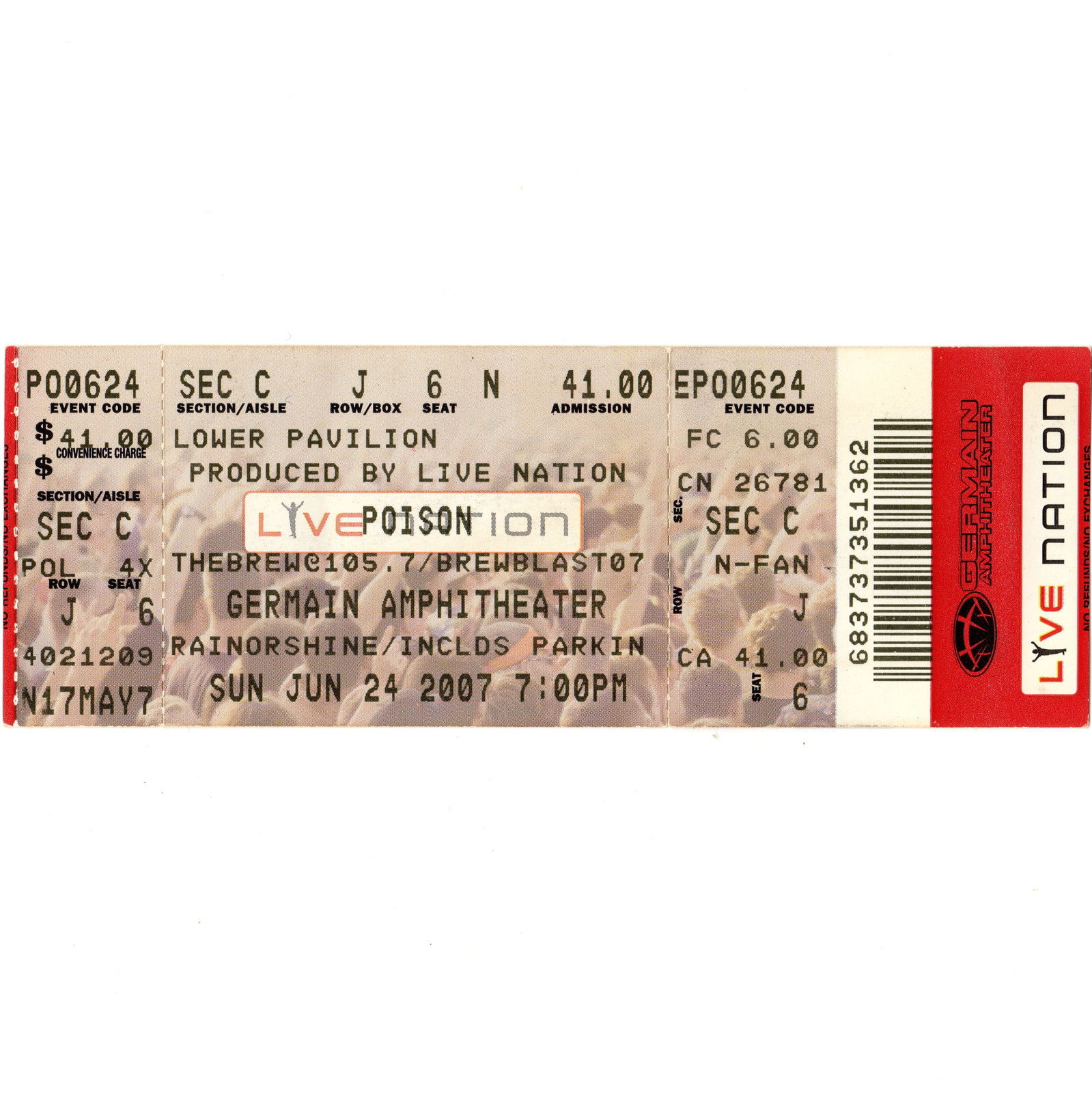 POISON Concert Ticket Full Stub GERMAIN 6/24/07 COLUMBUS OHIO BRET MICHAELS Rare