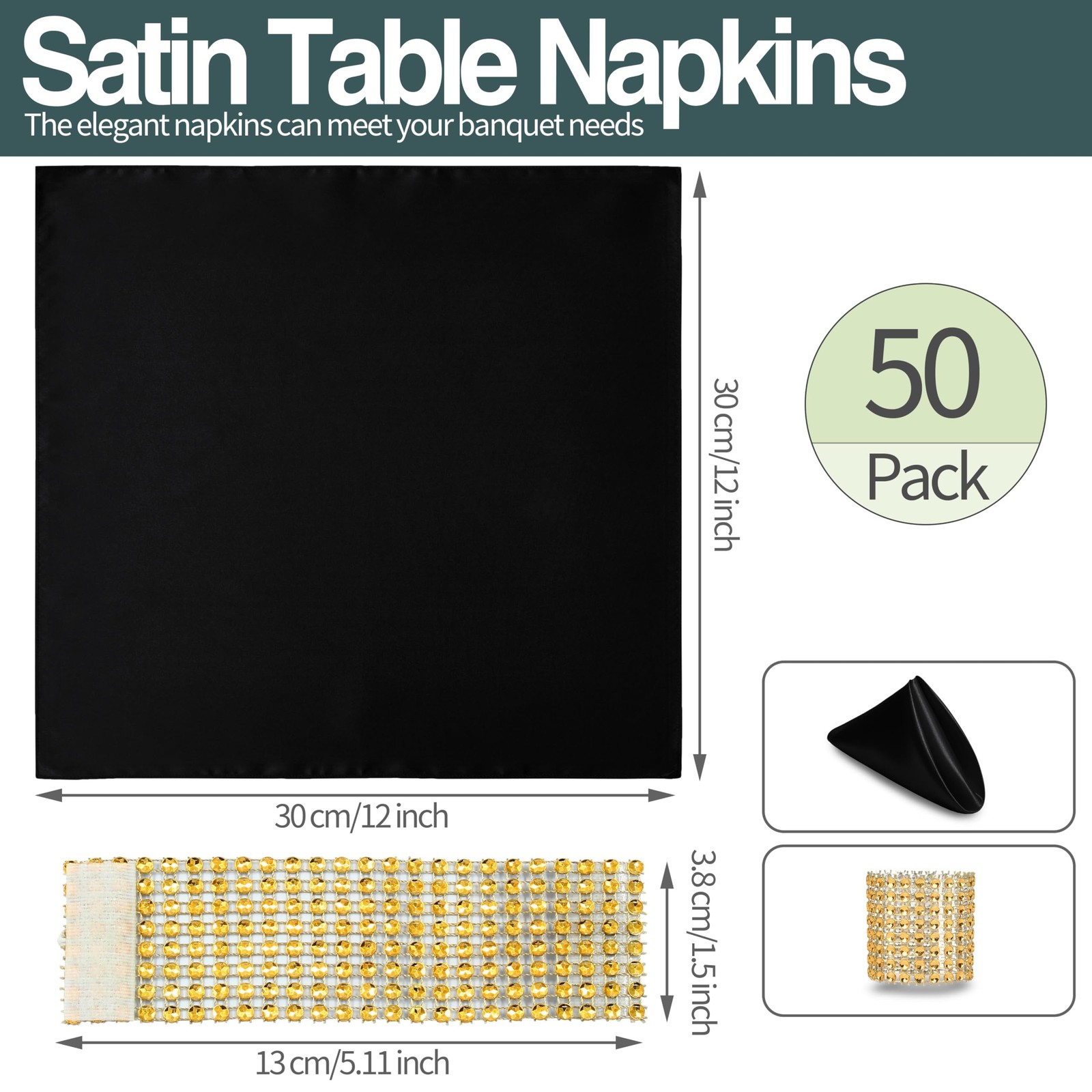 100 Pack Black Satin Napkins and Napkin Rings Set, 12 x 12 Inch Silky Soft Cl...