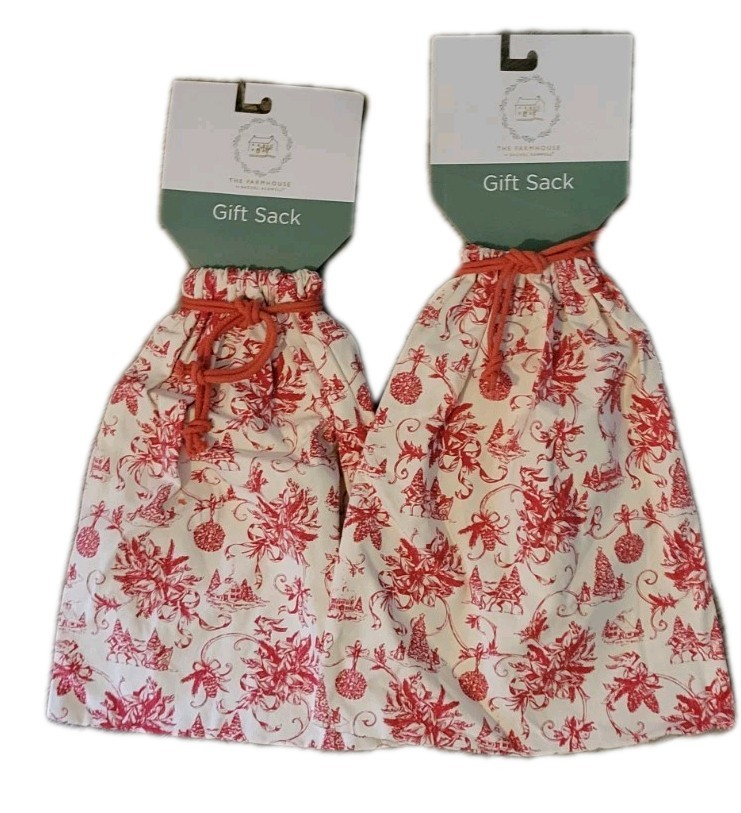 The Farmhouse By Rachel Ashwell Red Toile Christmas Cloth Gift Sacks 2 Large