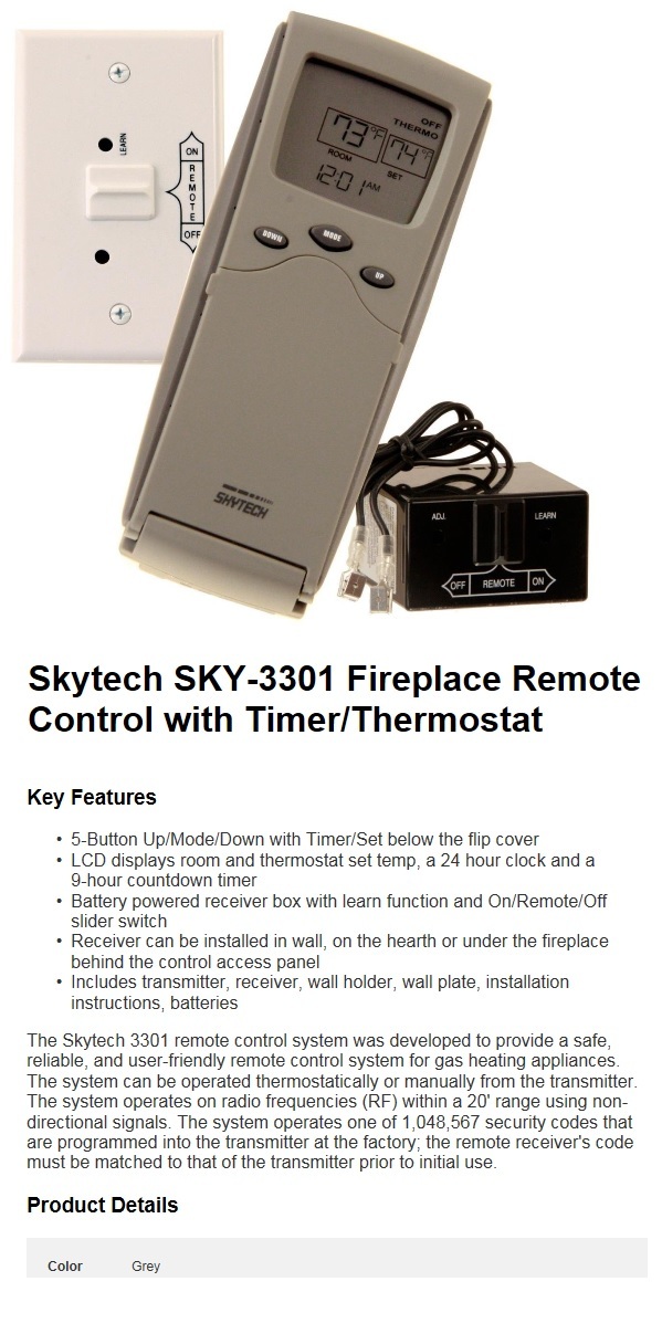 SKYTECH SKY-3301 Fireplace Remote Control with Timer/Thermostat FREE USA SHIP!