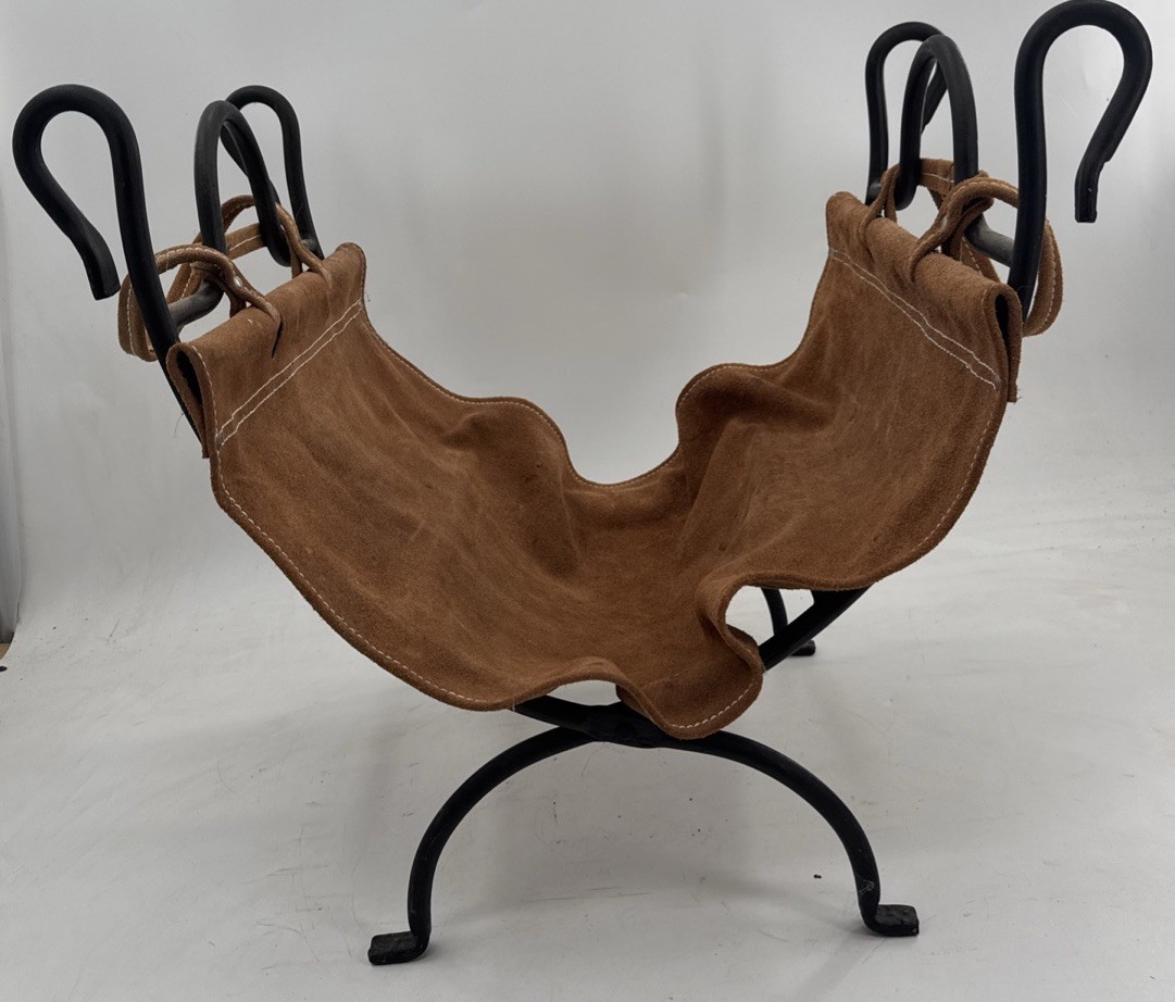 Vtg Firewood Log Carrier Rack Fireplace Wood Holder Suede Carrier Folding