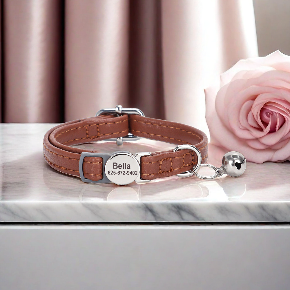 Personalized Cat Collar Puppy Kitten Engraved Name Tag Soft Leather Adjustable