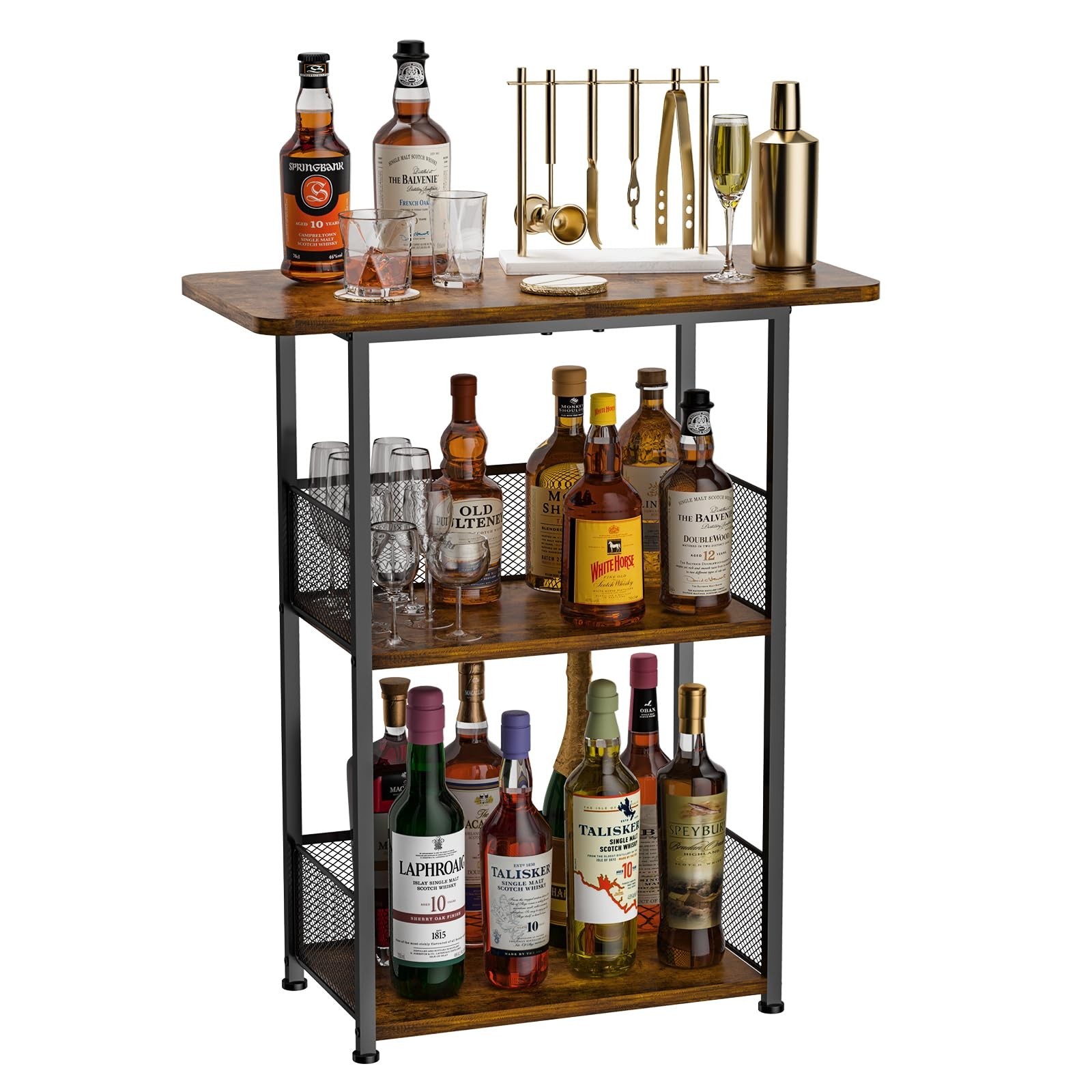 Floor Standing Freestanding Whiskey Rack: 3 Tier Wine Rack Mini Bar Table Cor...