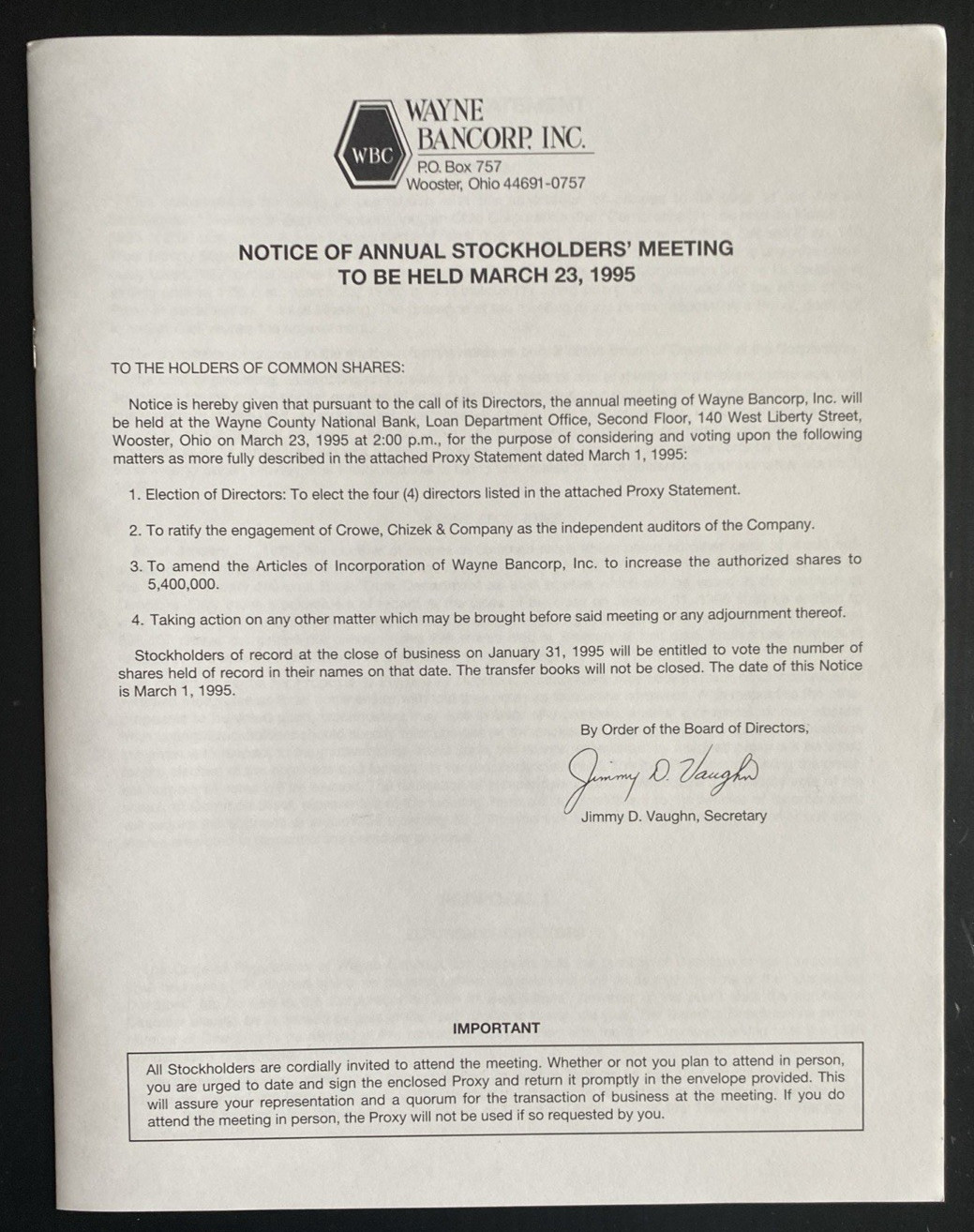 Vtg 1994 Annual Report & Proxy Wayne Bancorp, Inc. Wooster, OH Wayne County Natl