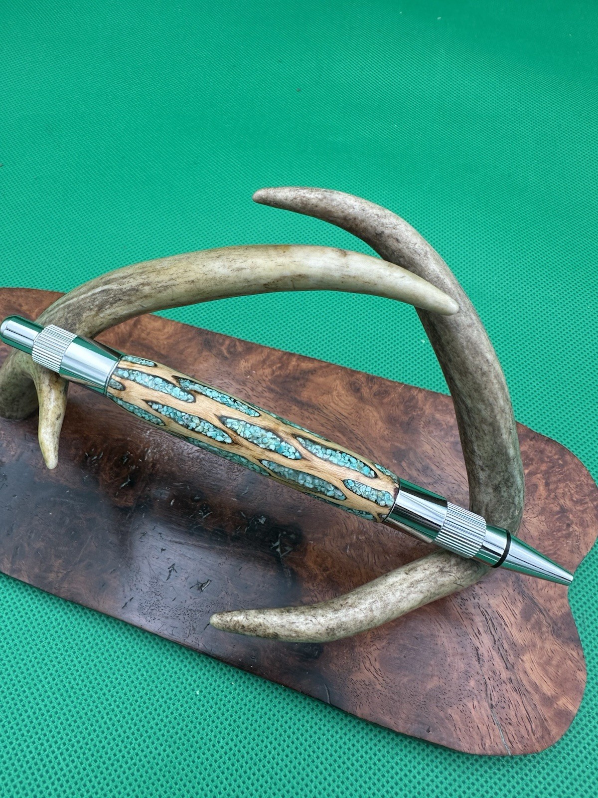 Hand Turned Mechanical Stratus Pencil With Cholla Cactus Inlaid Turquoise Chrome