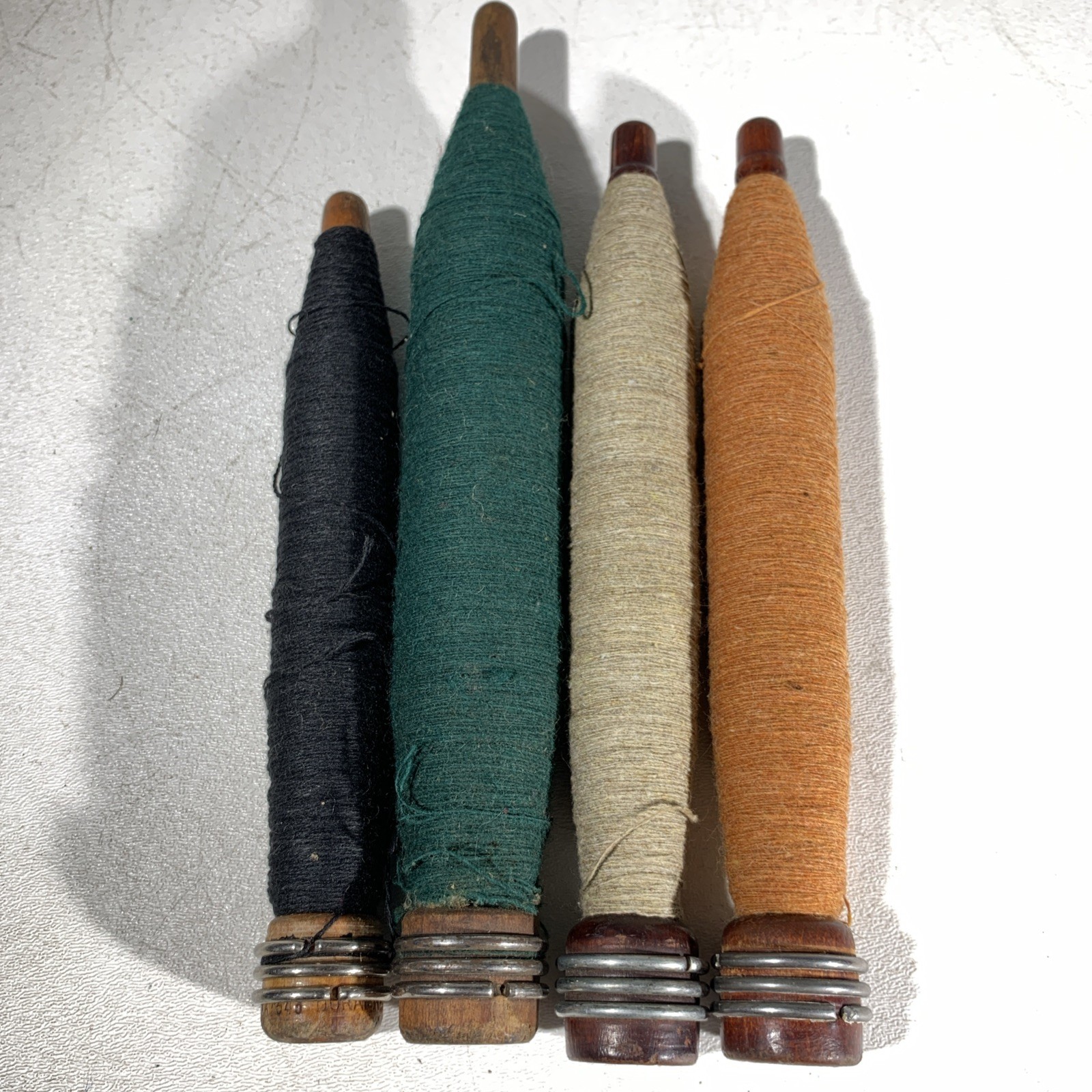 Lot Of 4 Antique Wooden Textile Spindle Bobbins Spools with Thread 7.75”-10”