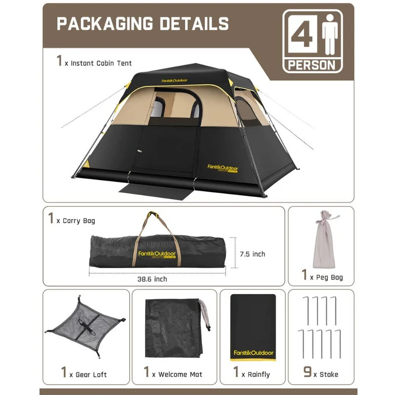 Fanttik Camping Tent 4 Person Instant Cabin Tent Setup in 60 Seconds with Rainfl