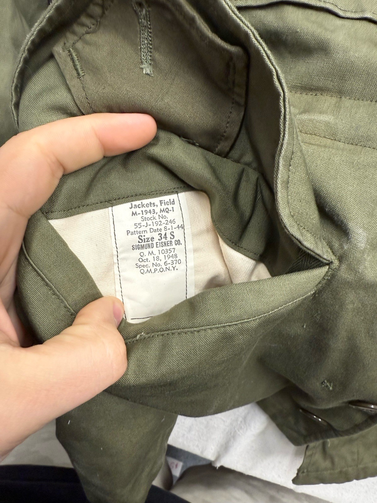 Deadstock 1944 M43 MQ1 Field Jacket Size 34 S Sigmund Eisner Co