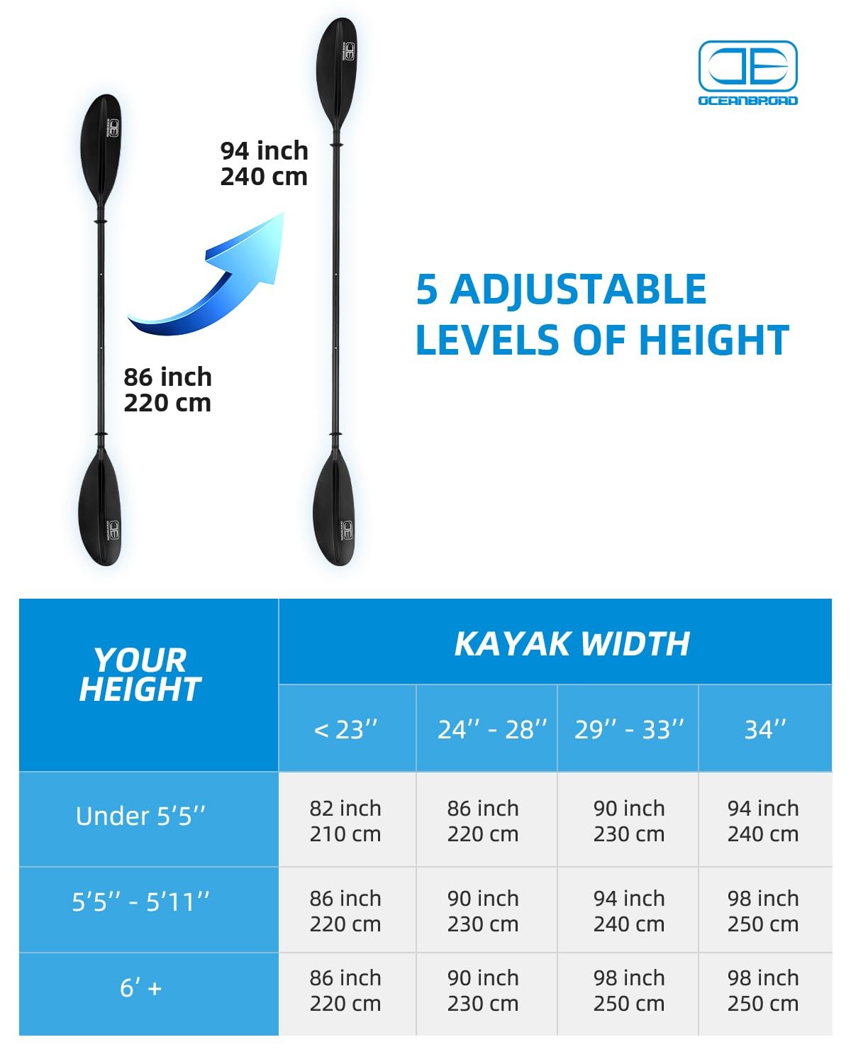 Adjustable Carbon Fiber Kayak Paddle 86in-94in with Leash Black