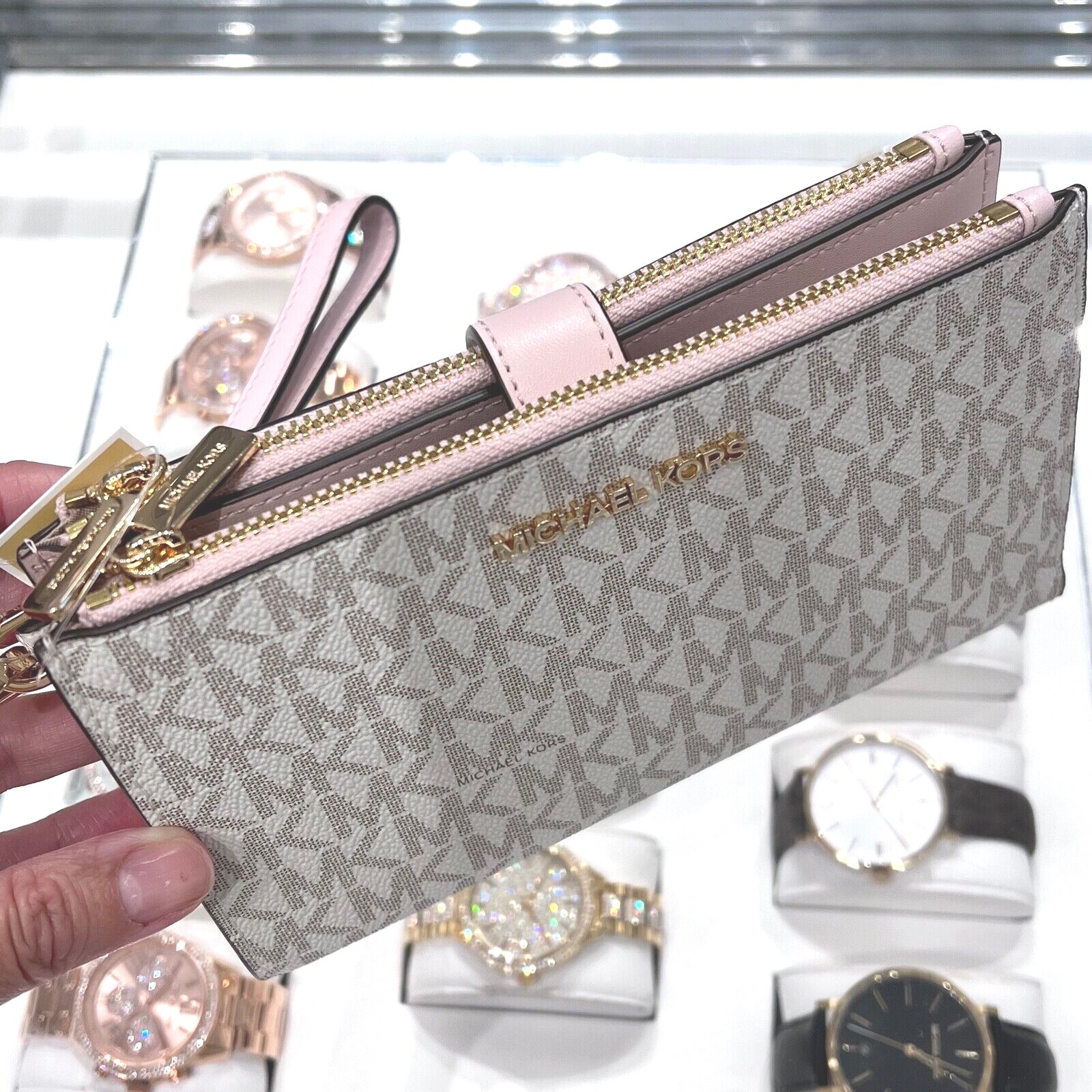 Michael Kors Jet Set Travel Double Zip Wristlet Wallet Vanilla Pink Powder Blush