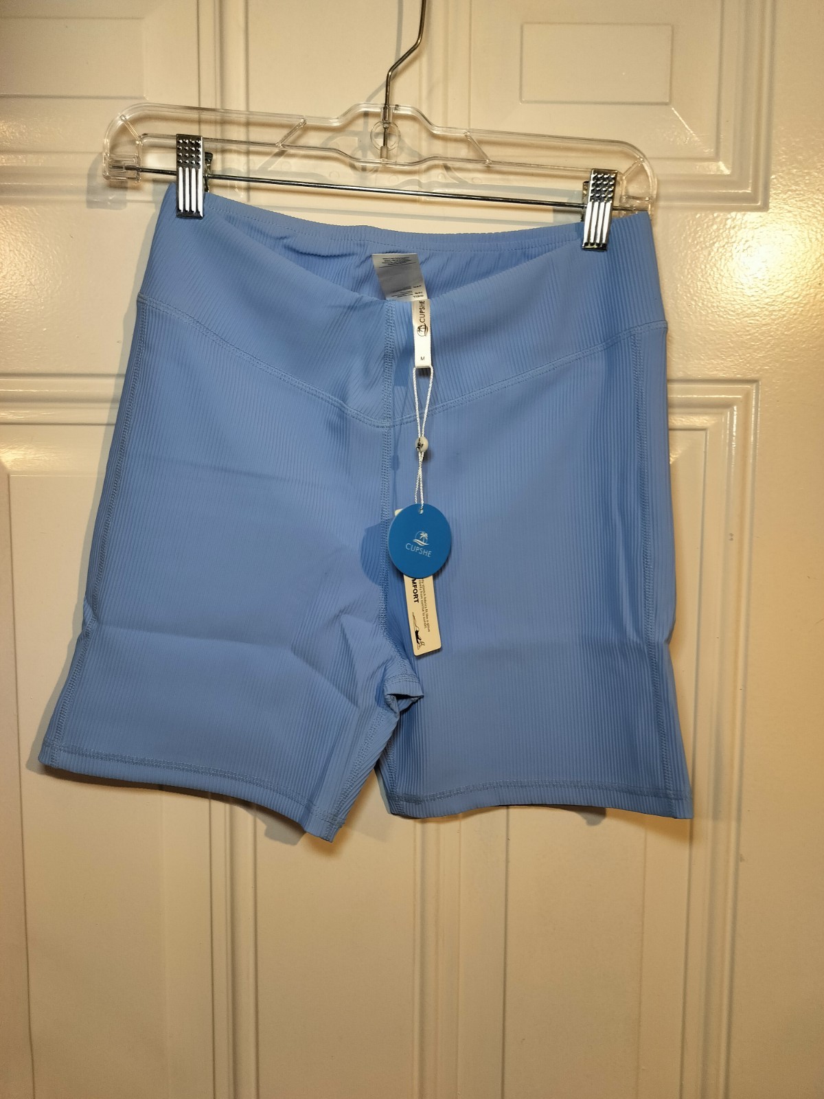 Cupshe Ribbed Biker Shorts Sky Blue High Waist Athletic Stretch Women M NWT