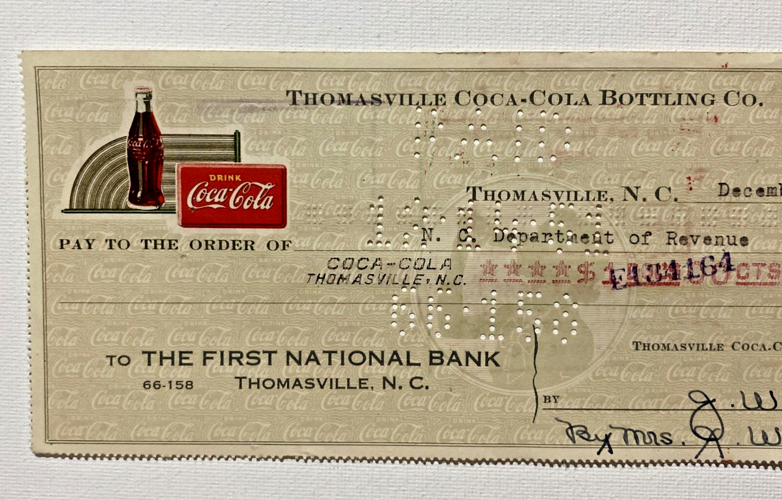 1951 Coca-Cola Bottling CO Coke Canceled Check Thomasville, N.C. National Bank.