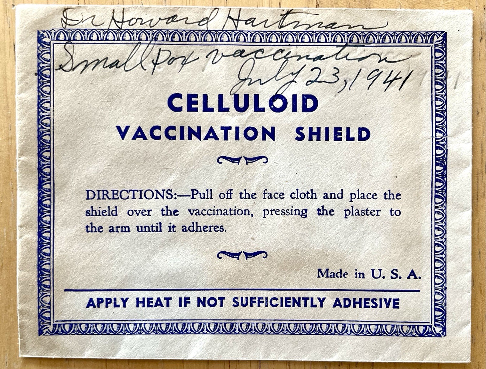 RARE JULY 1941 SMALL POX CELLULOID VACCINATION SHIELD, JULY 23, 1941 ENVELOPE