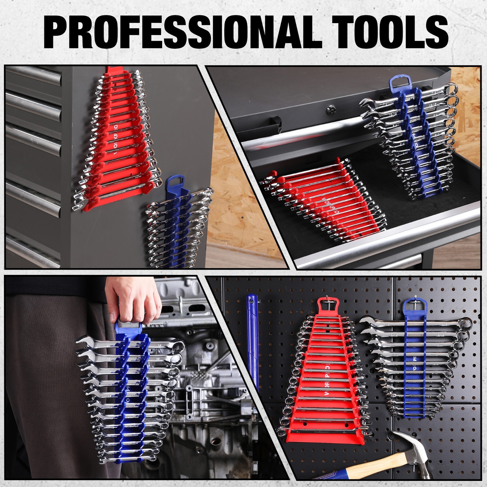 WORKPRO 4-PACK Magnetic Wrench Organizer 15-Slot 12-Slot Gripper Wrench Holder