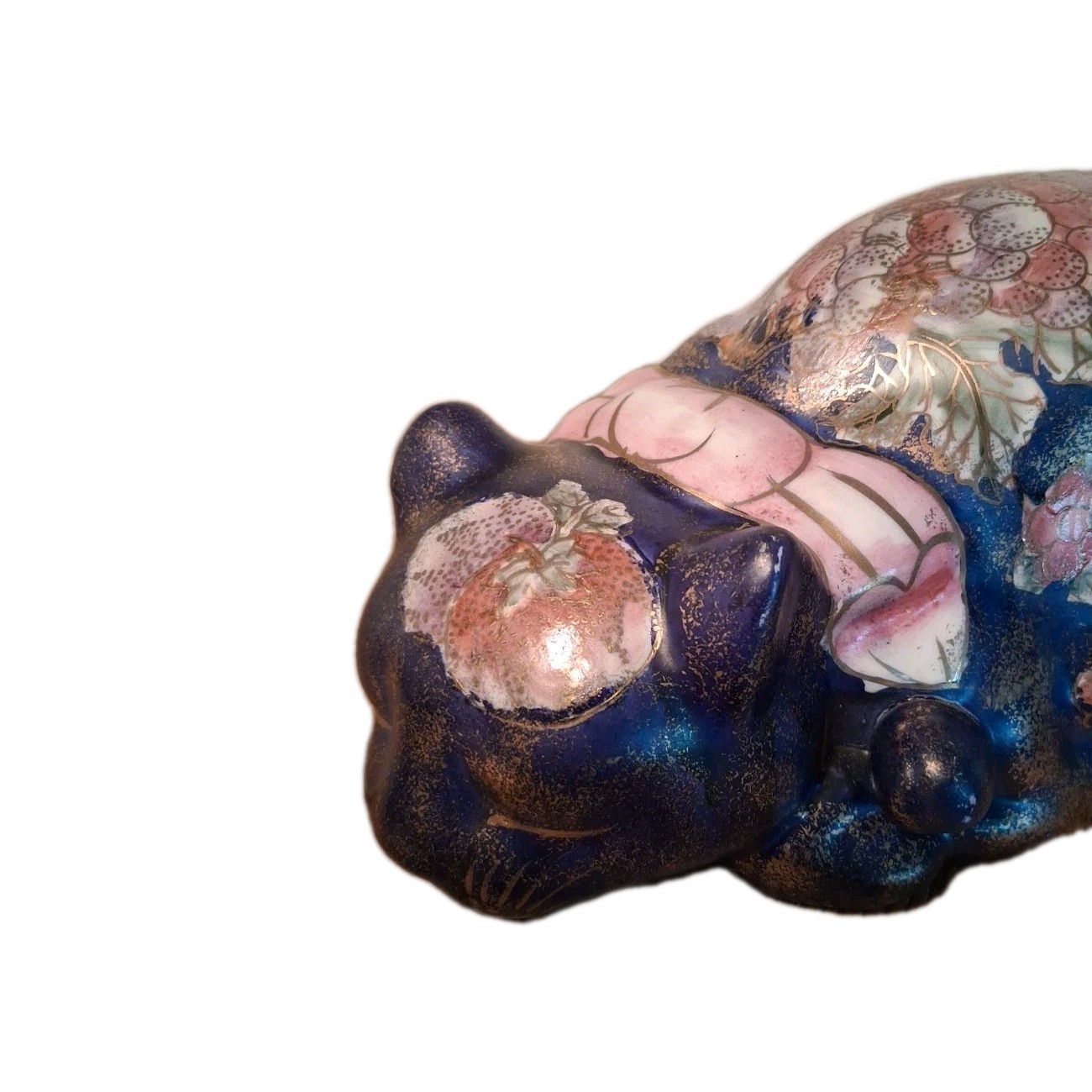 Vintage Asian Sleeping Cat 9.5" Floral Gilded Ceramic Porcelain Hand Painted