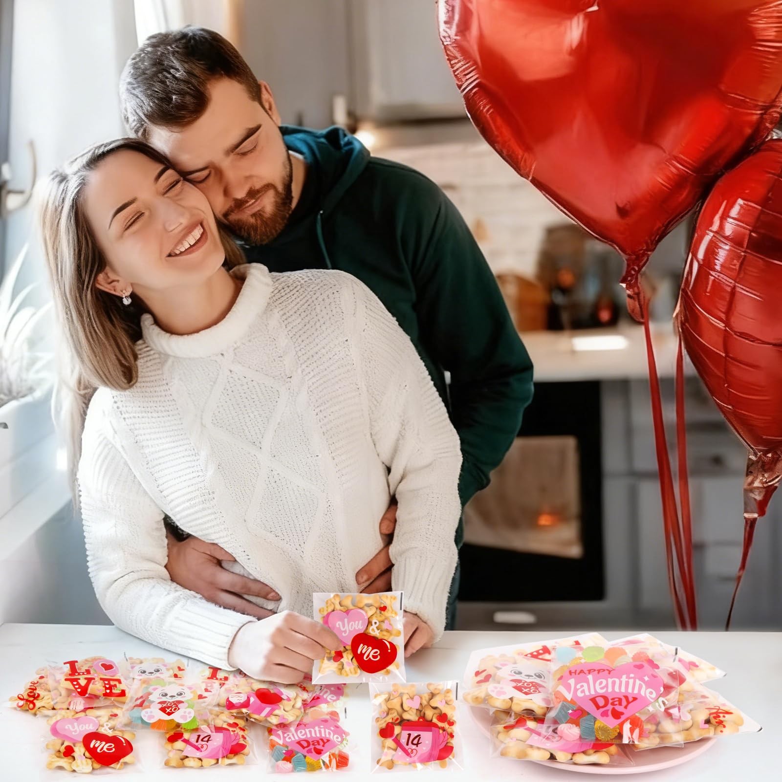 300pcs Valentine Cellophane Treat Bags Self-Adhesive Clear Plastic 6 Designs Set