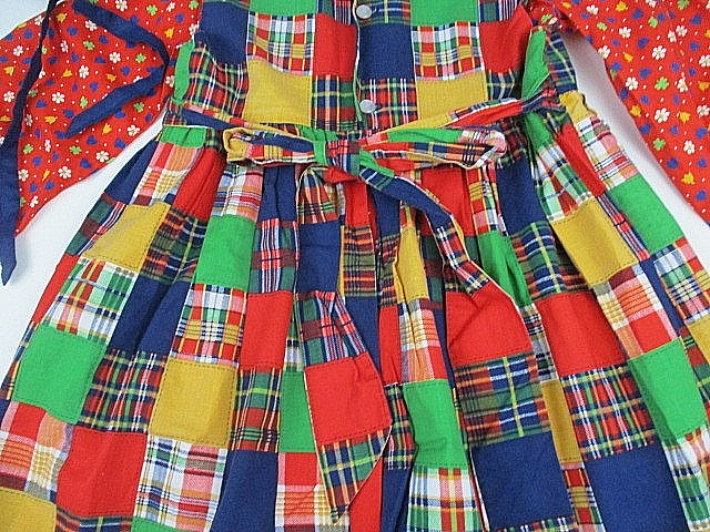 Pilgrim Pioneer Costume Girl Colonial Prairie Dress Apron Bonnet Floral Plaid