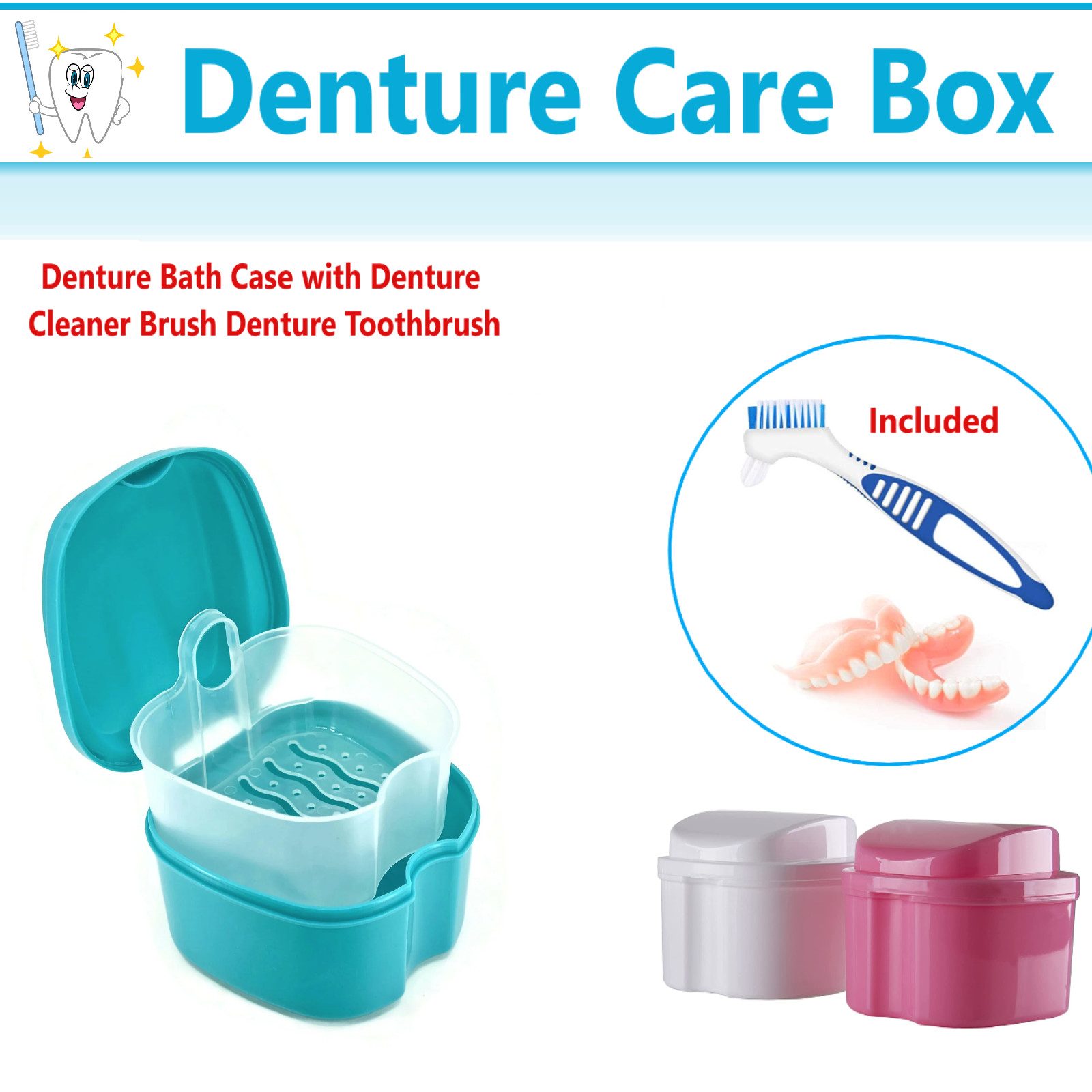 Denture Case, Denture Cup with Strainer Safety Basket, Denture Cleaning Brush.