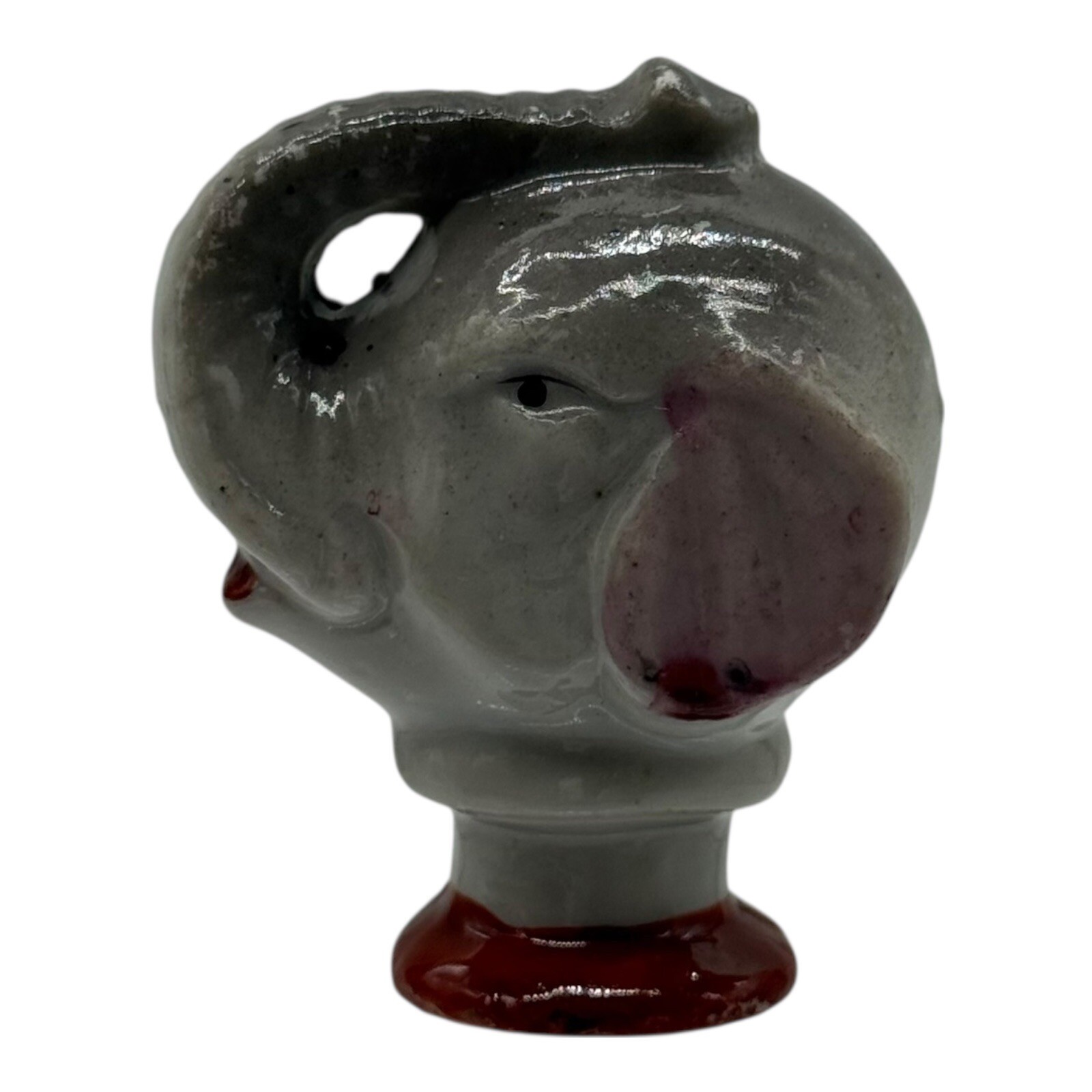 Elephant Figurine Head Statue Ceramic Animal Decor Unique Trunk Up Gray Red
