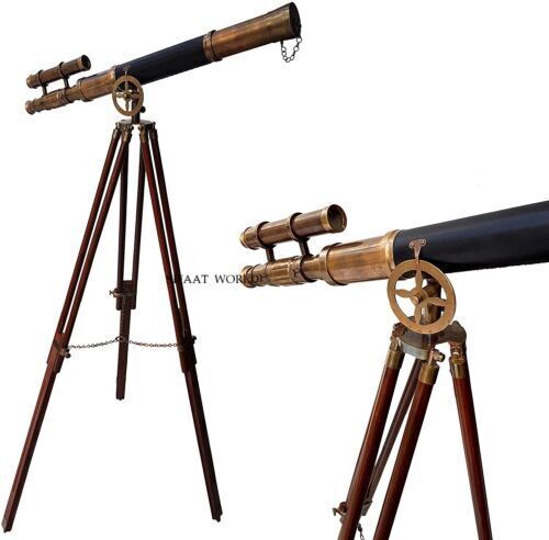 Maritime Antique Brass Double Barrel Telescope with Floor Standing Tripod, Decor