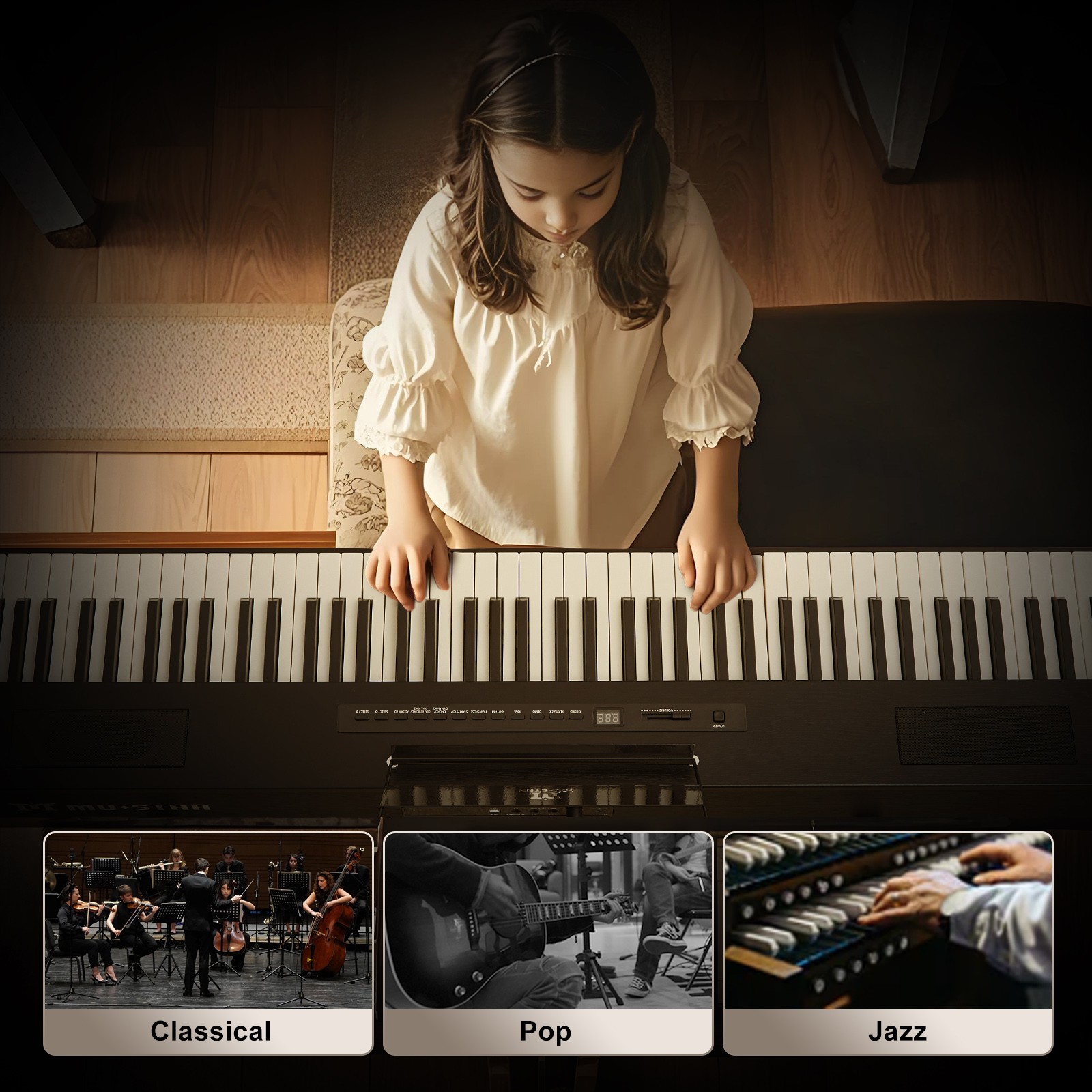 MUSTAR Black 88-Keys Full Size Semi-Weighted Digital Piano Keyboards with Pedal