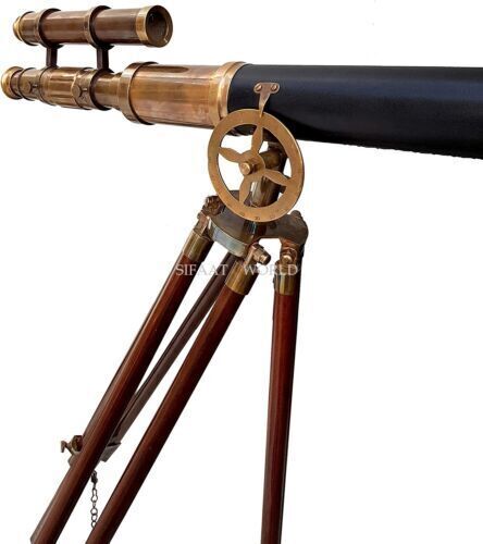 Maritime Antique Brass Double Barrel Telescope with Floor Standing Tripod, Decor
