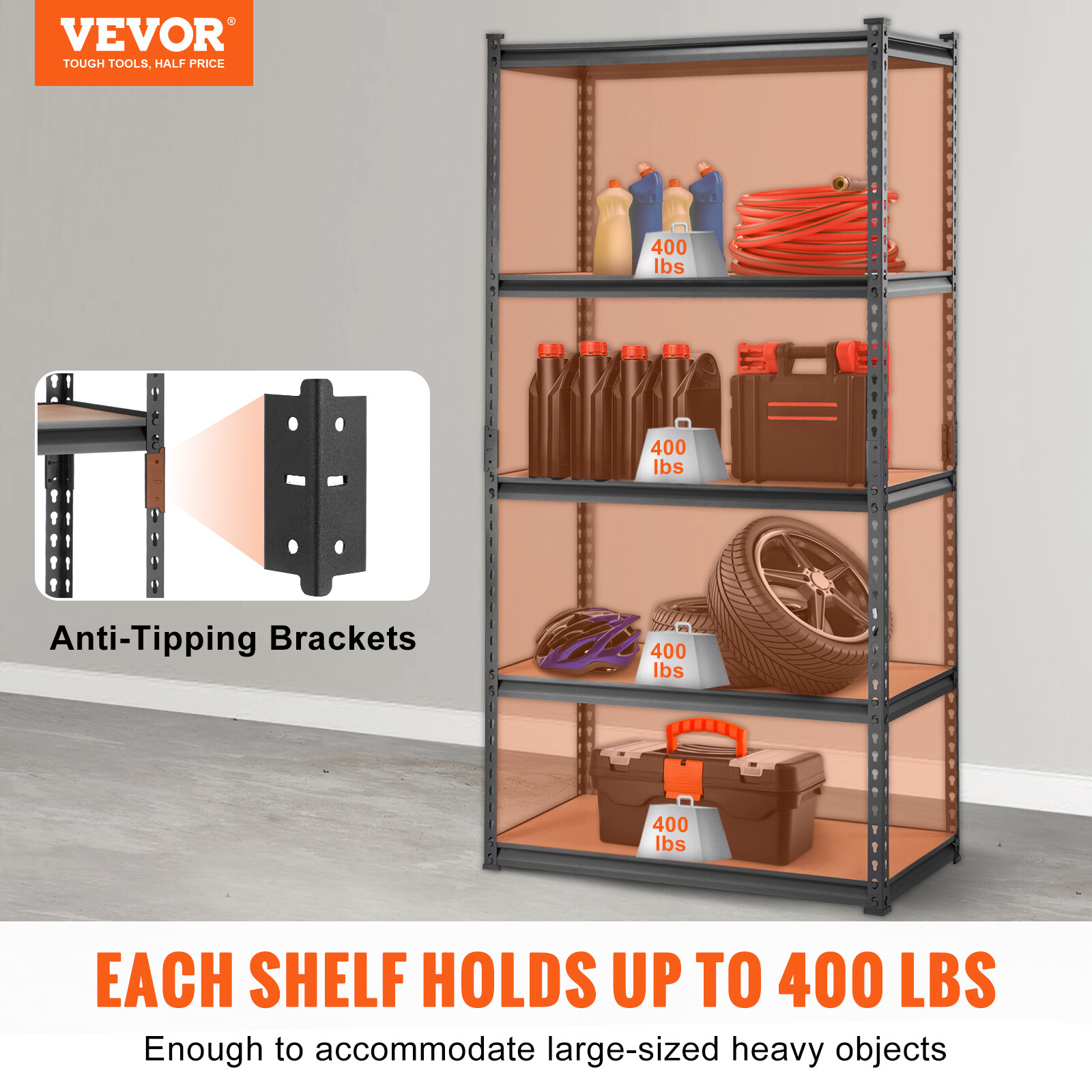 VEVOR 18"D x 36"W x 72"H 5 Shelf Steel Shelving Rack Garage Storage 2000lbs Load