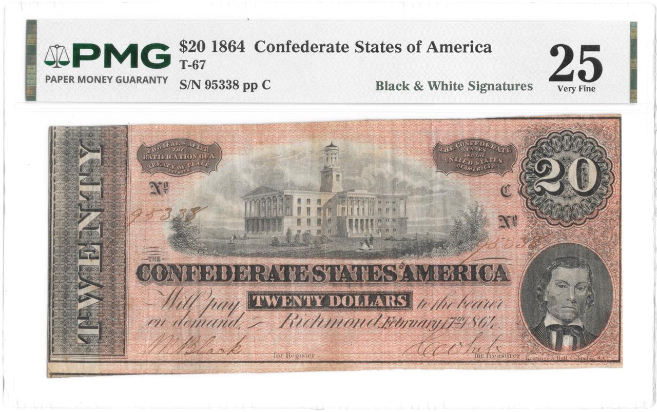 T-67 1864 $20 Confederate Note Signed by Black & White PMG VF 20 Nice Red Shade