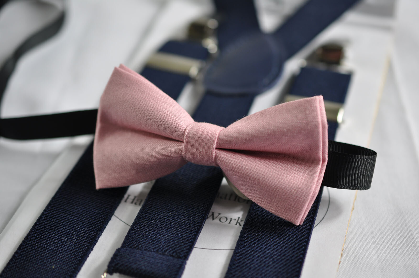 Dusky Dusty Rose  Blush Pink Bow Tie + Navy Blue Suspenders Braces for all ages