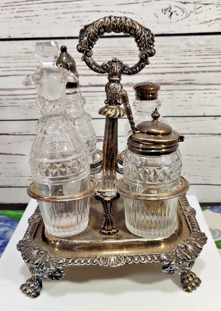 Antique Victorian Era Sliver Plated Four Cut Crystal Bottles Cruet Set