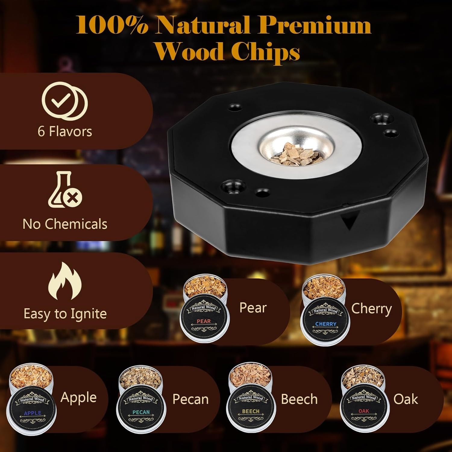 Electric Whiskey Smoker Kit with 6 Flavors Wood Chips & LED Light,