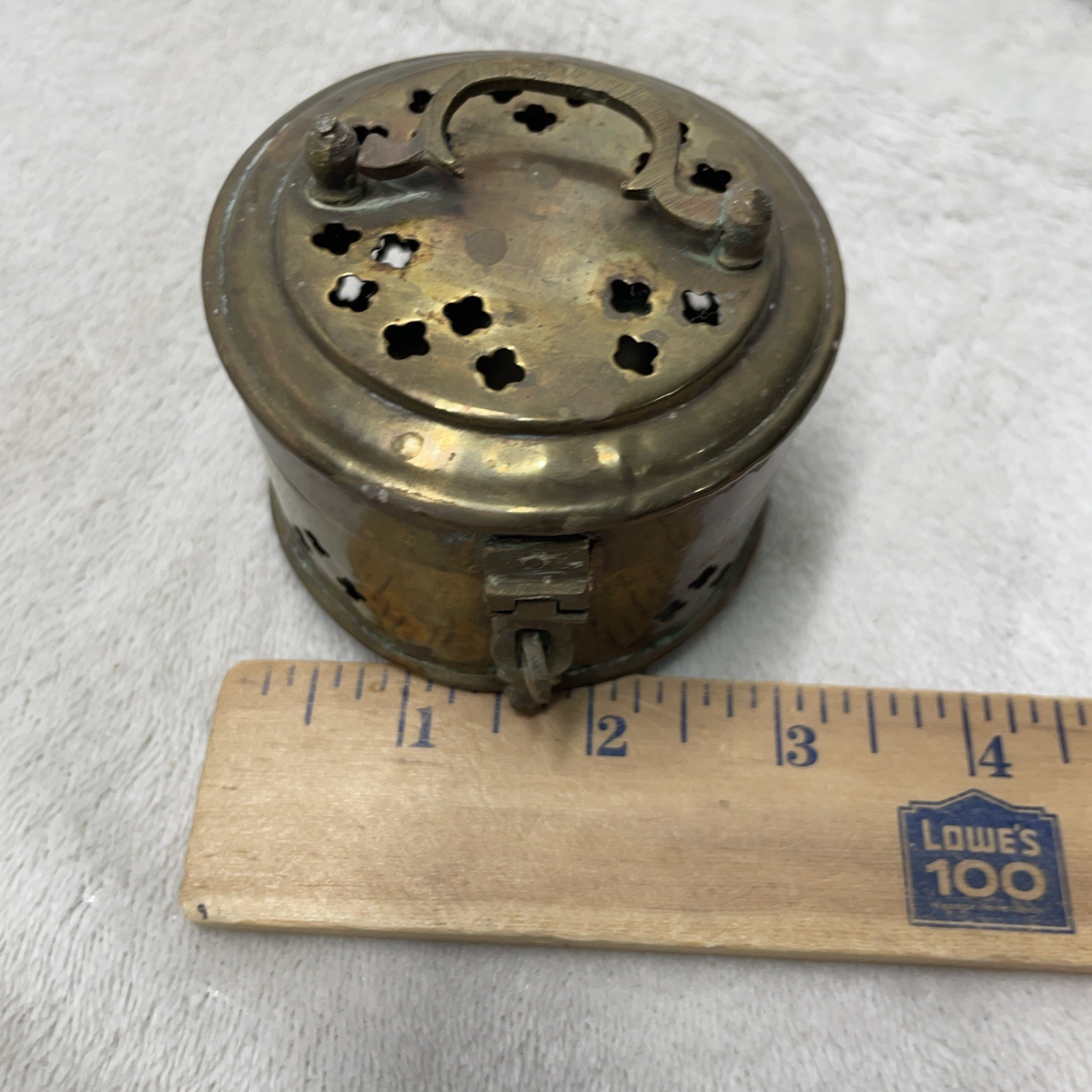 Vintage Brass Cricket Box Patina Footed Pierced Hinged Lid Handle Trinket Asian