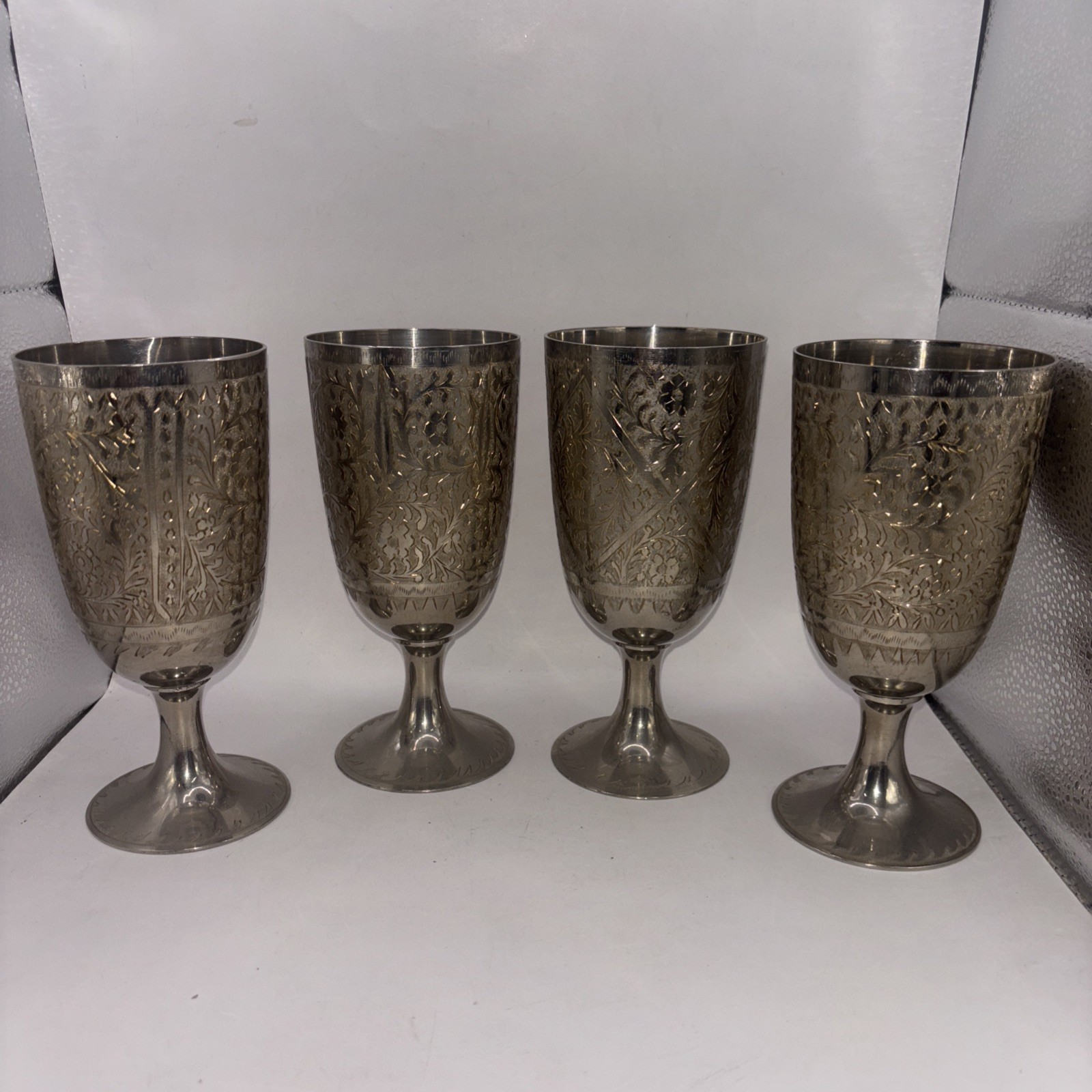 4 ZY India Modern Vine Heavy Wine Goblet Silver Plated  7” Etched Engraved
