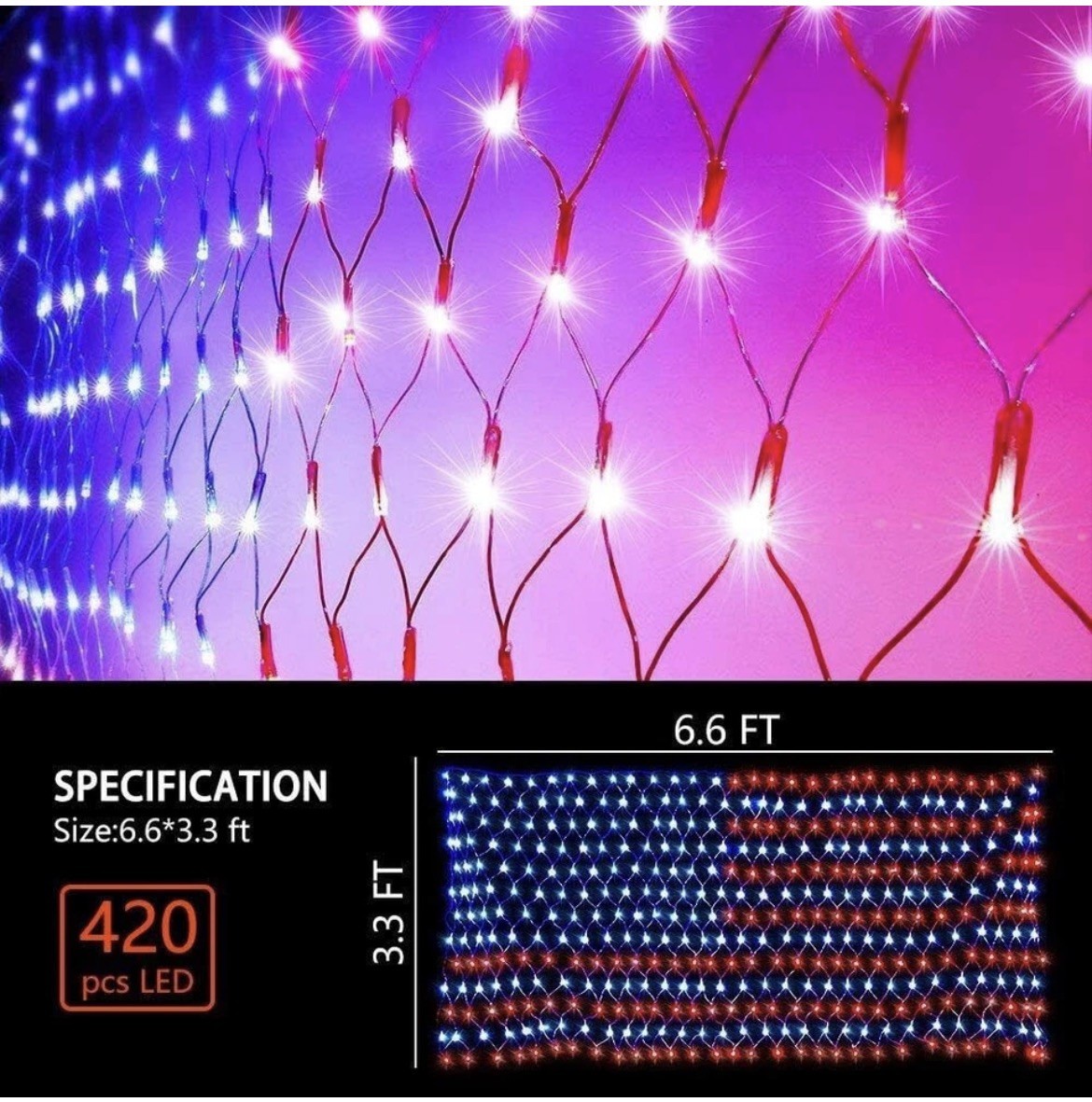 6.5ft x 3.3ft American Flag Net Light 420 LED String Lights Party Indoor Outdoor