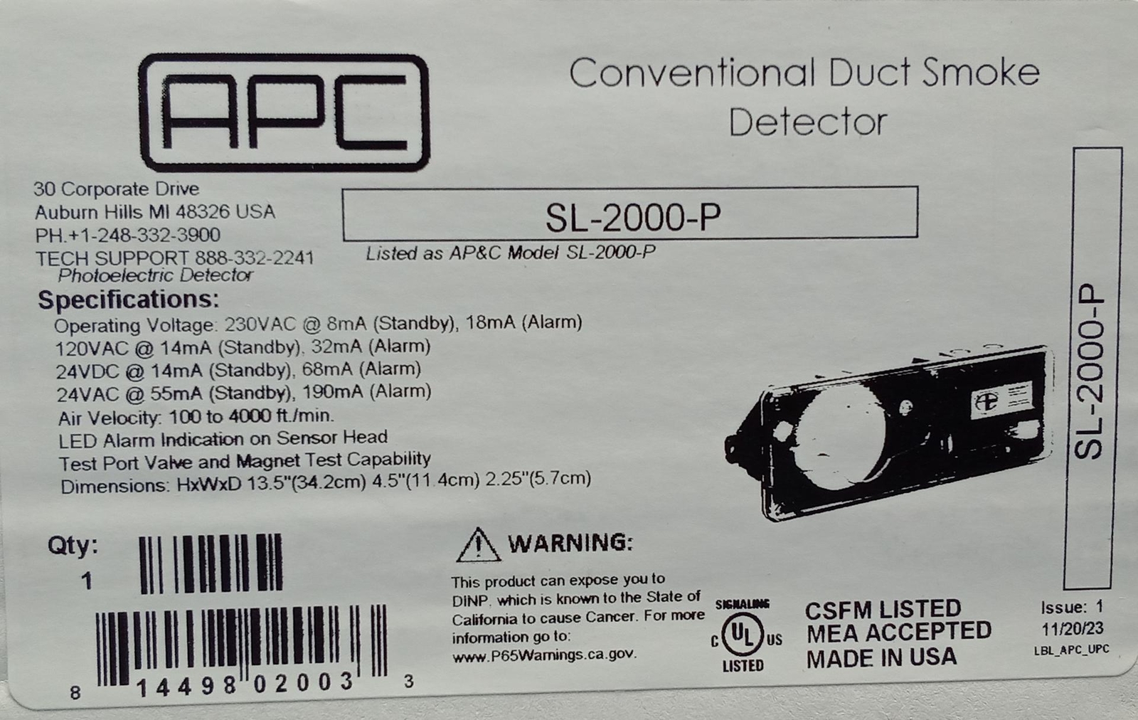Air Products and Controls SL-2000-P Photoelectric Duct Smoke Detector, 4-Wire