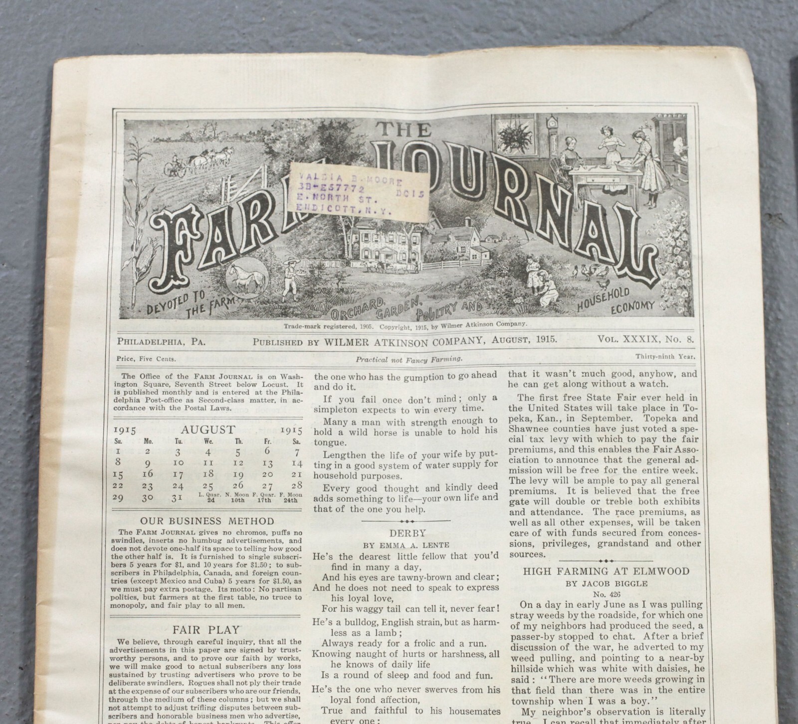 Vintage The Farm Journal August 1915 Philadelphia