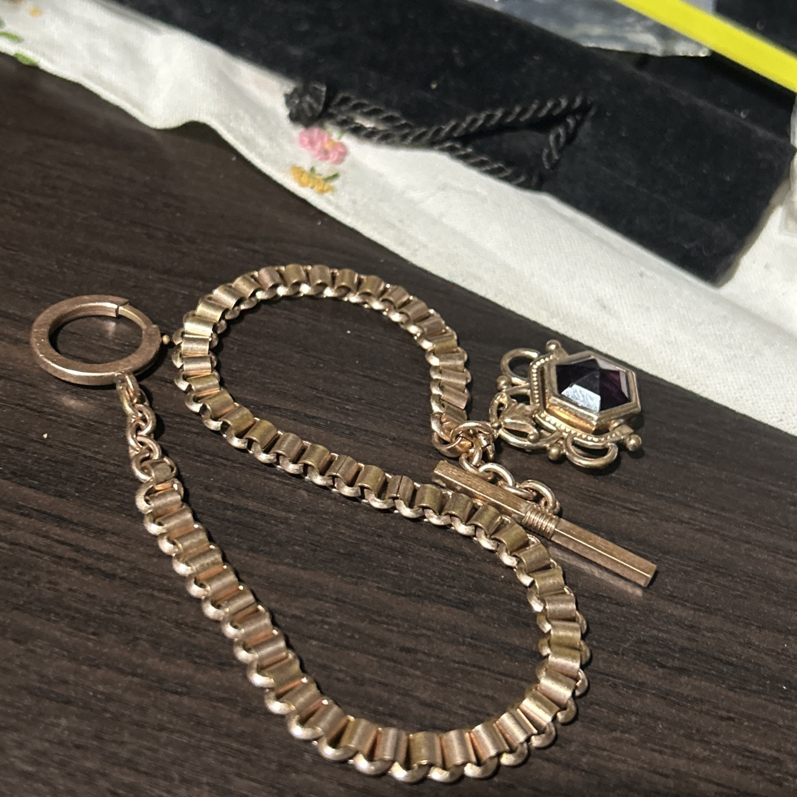 Victorian Rose Gold Fill Purple Watch Fob Spinner Book Link Chain Large Ring