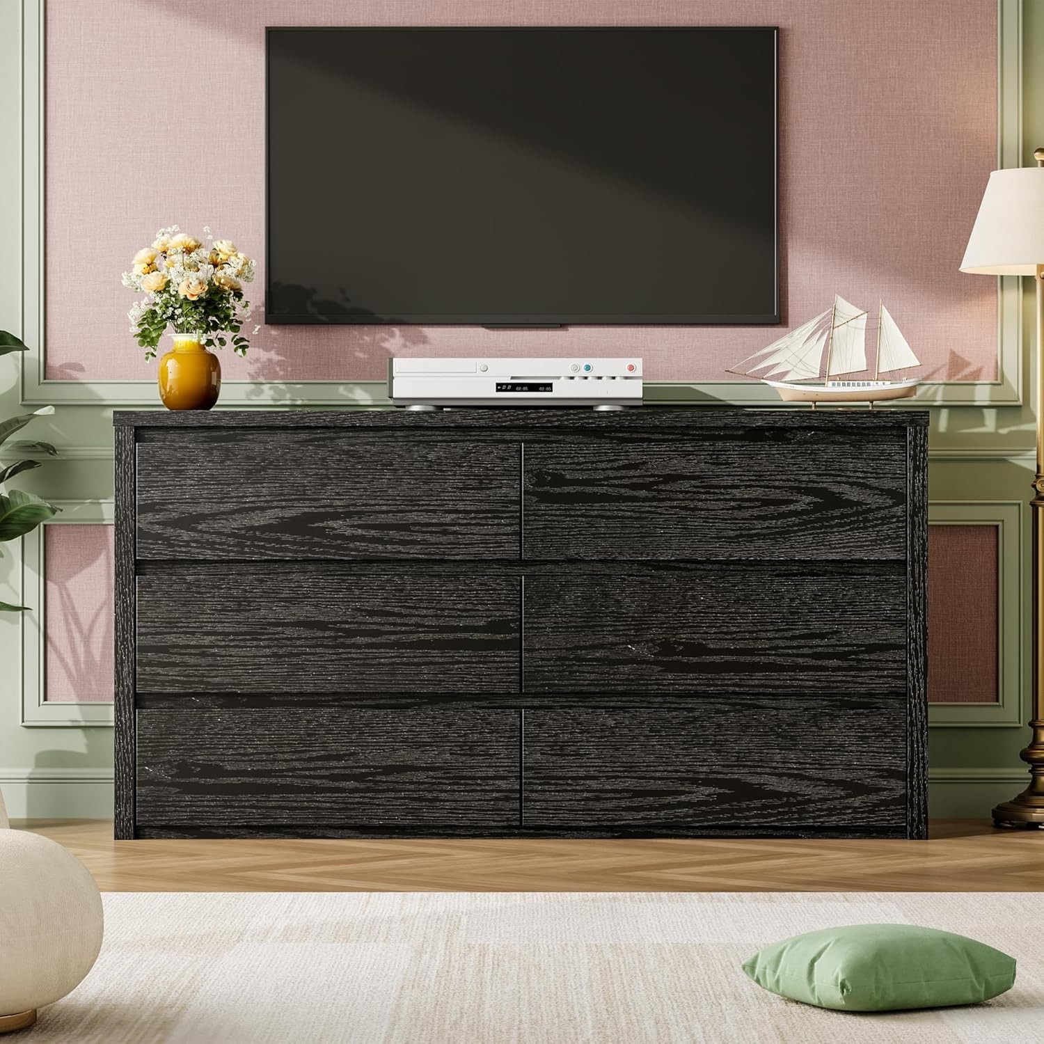 6 Drawers Dresser for Bedroom,Wide Wood Chest of Drawers Handle Free,Black