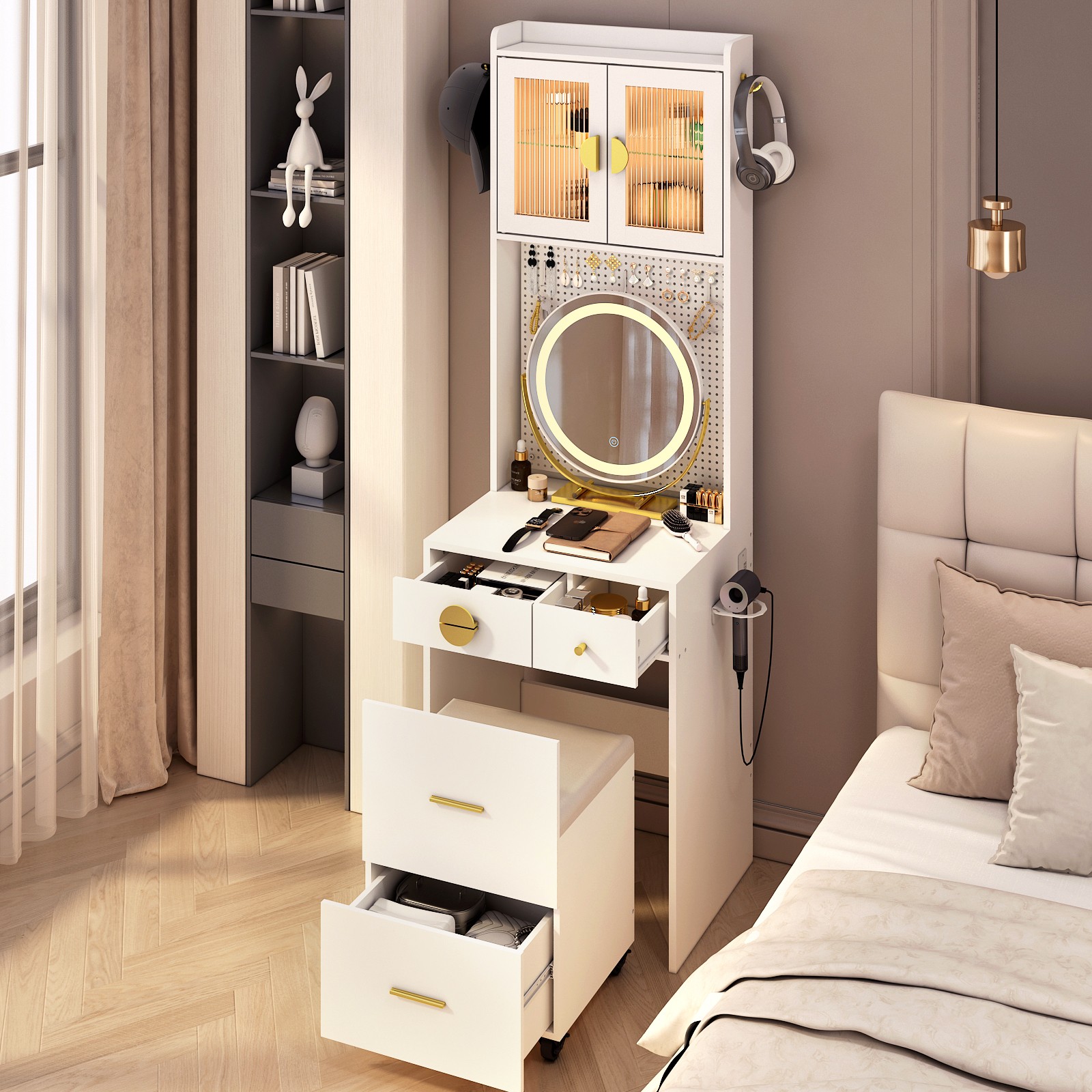 Small Space Makeup Vanity Set LED Lighted Mirror Power Outlet & DIY Pegboard US