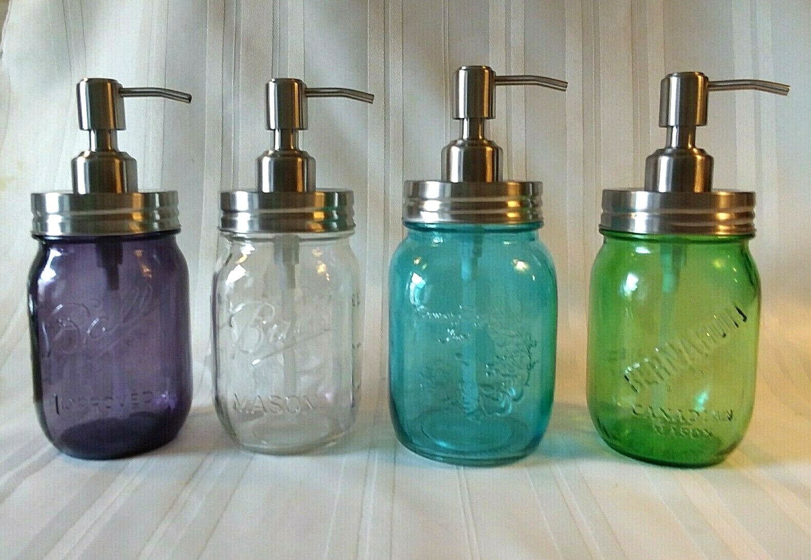 SOAP Pump DISPENSER ~ BALL Mason Jar ~ STAINLESS STEEL Gift ~ PINK PURPLE GLASS