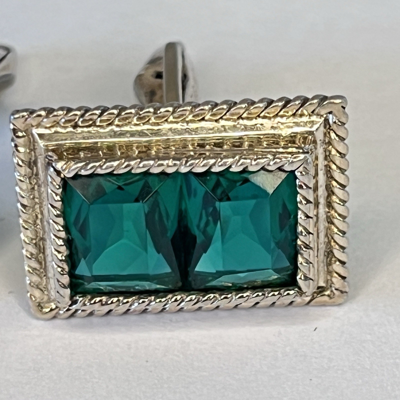 925 Sterling Silver Vintage Cuff Links DA VINCI Green Emerald cut Crystal slx