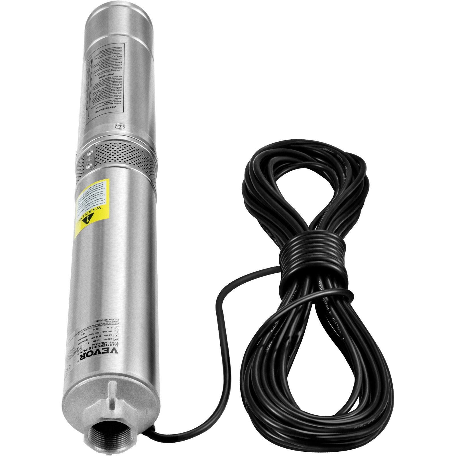 VEVOR 1HP 4” Deep Well Pump 37GPM Submersible Pump 207ft Stainless Steel 230V