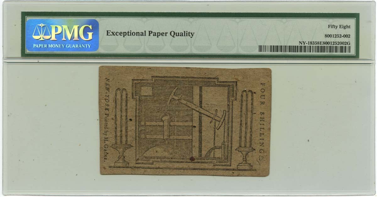1776 January 6, 4 Shillings New York Colonial Note FR#NY-183 PMG AU58 EPQ