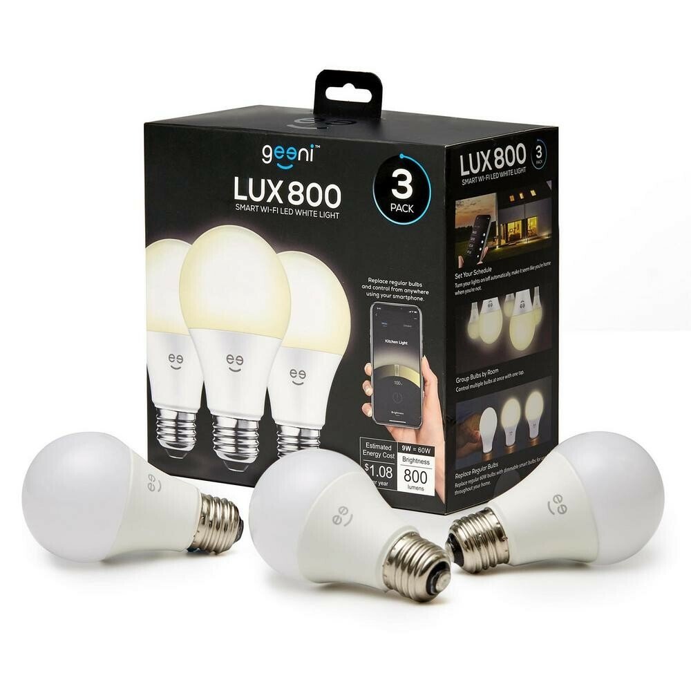 Geeni LUX 800 Smart Wi-Fi LED Dimmable White Light Bulbs w Voice Control —3 Pack