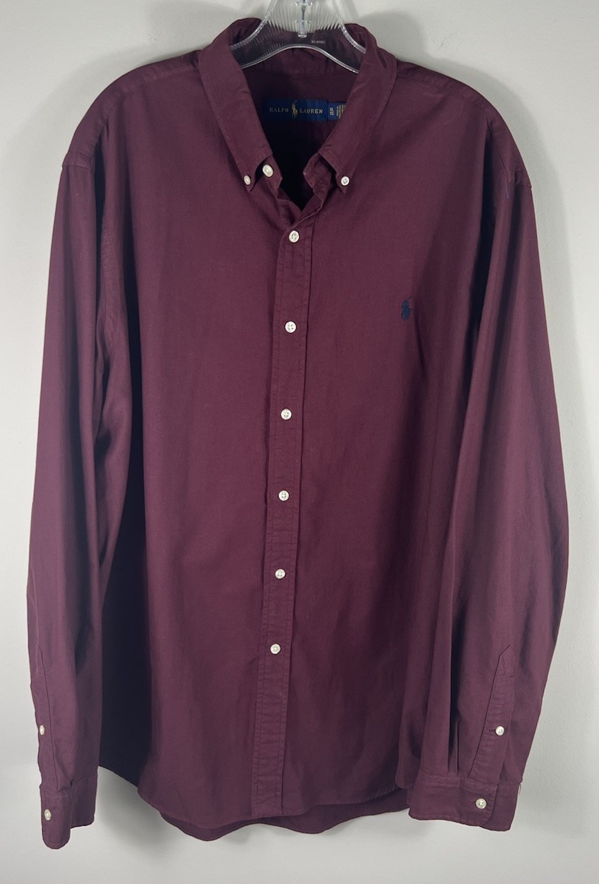 Ralph Lauren Men’s Button Down Dress Shirt Solid Burgundy  100% Cotton Size XL