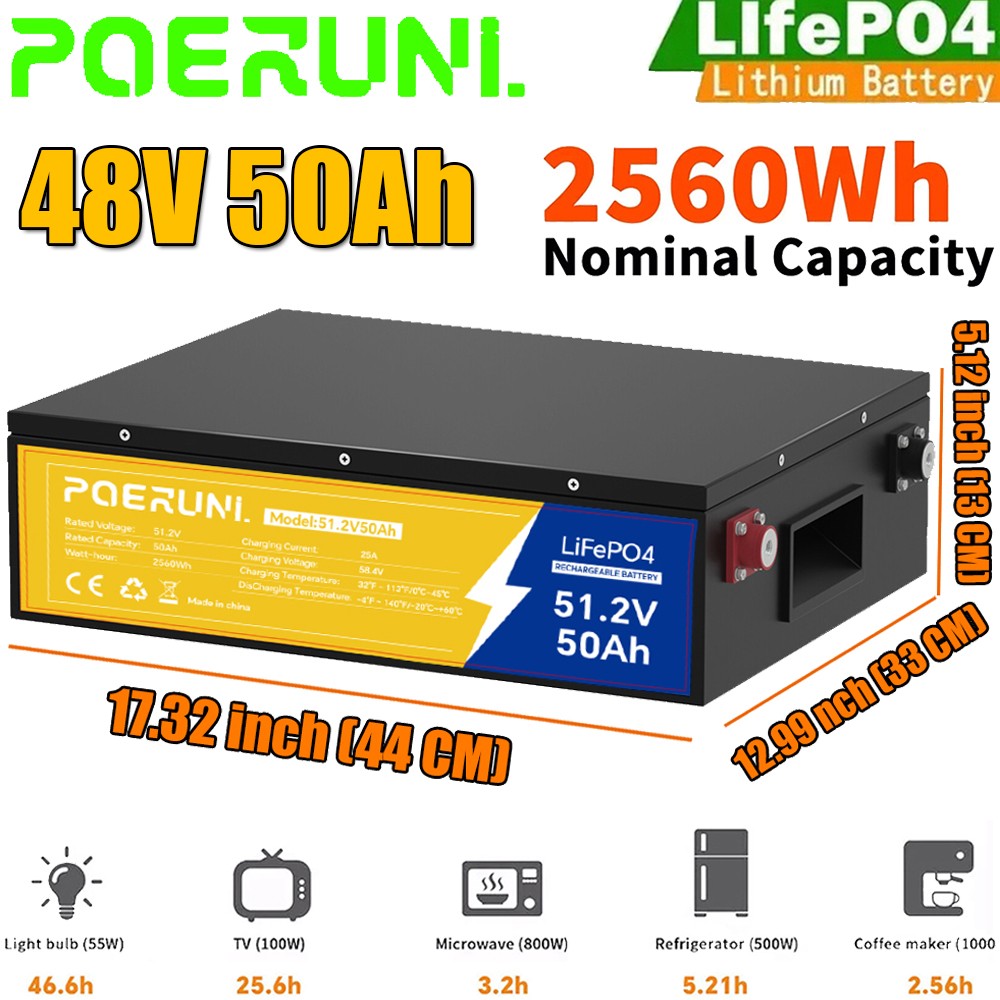 48V 50Ah LiFePO4 Lithium Battery 2560Wh Built-in BMS Deep Cycles For Golf Cart